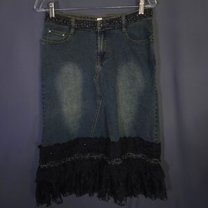 West 36 Beaded Lace Denim Jean Skirt‎ Size  Medium Y2K Netting Fairy Grunge
